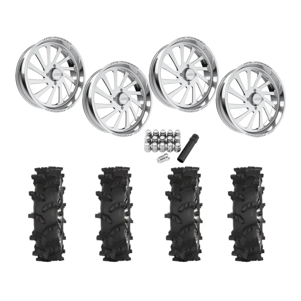 High Lifter Outlaw Max 44x10-24 Tires on JTX Forged Cycle Polished Wheels, complete kit