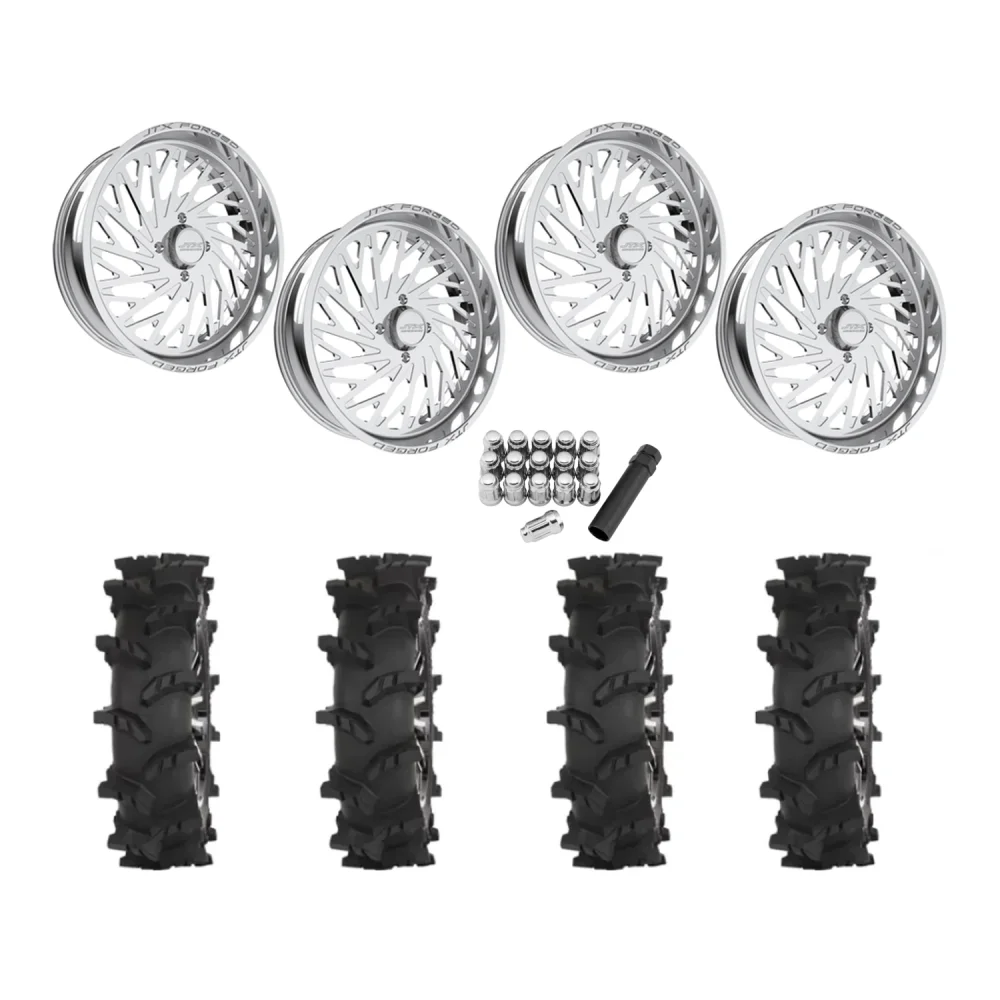 High Lifter Outlaw Max 44x10-24 Tires on JTX Forged Empire Polished Wheels, complete kit