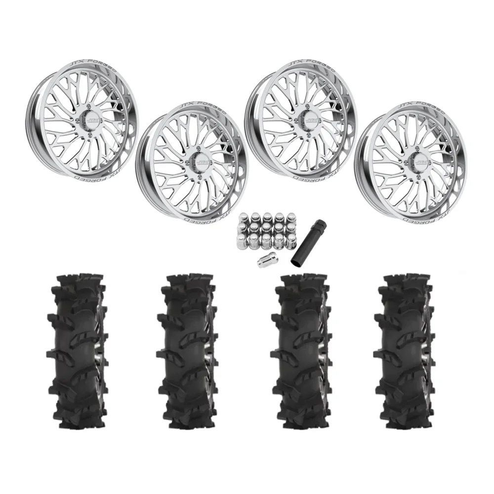 High Lifter Outlaw Max 37x10-24 Tires on JTX Forged Lotus Polished Wheels, complete kit