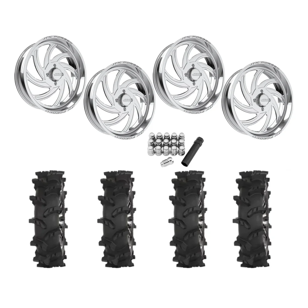 High Lifter Outlaw Max 35x10-22 Tires on JTX Forged Orbit Polished Wheels, complete kit