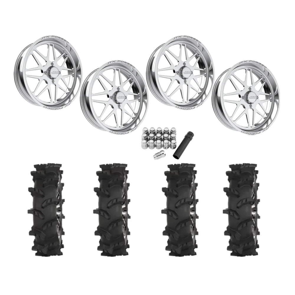 High Lifter Outlaw Max 37x10-22 Tires on JTX Forged Prism Polished Wheels, complete kit