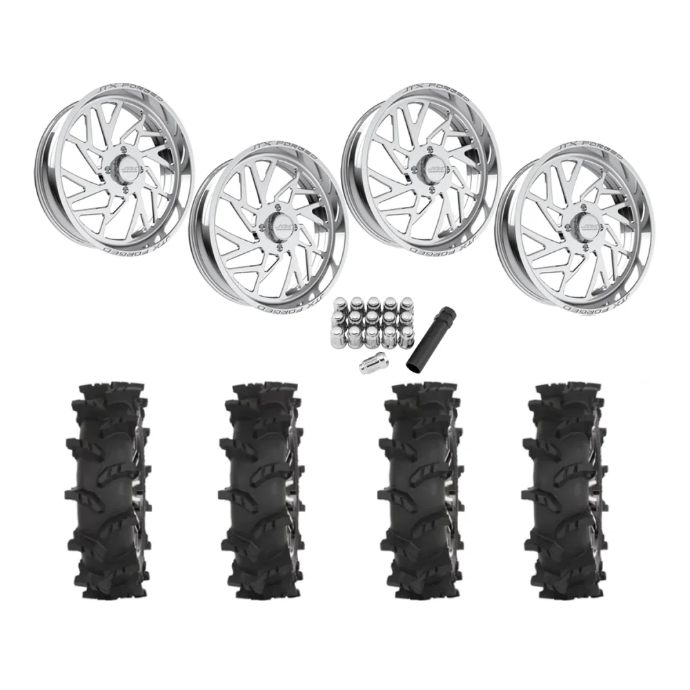 High Lifter Outlaw Max 35x10-22 Tires on JTX Forged Ruckus Polished Wheels, complete kit