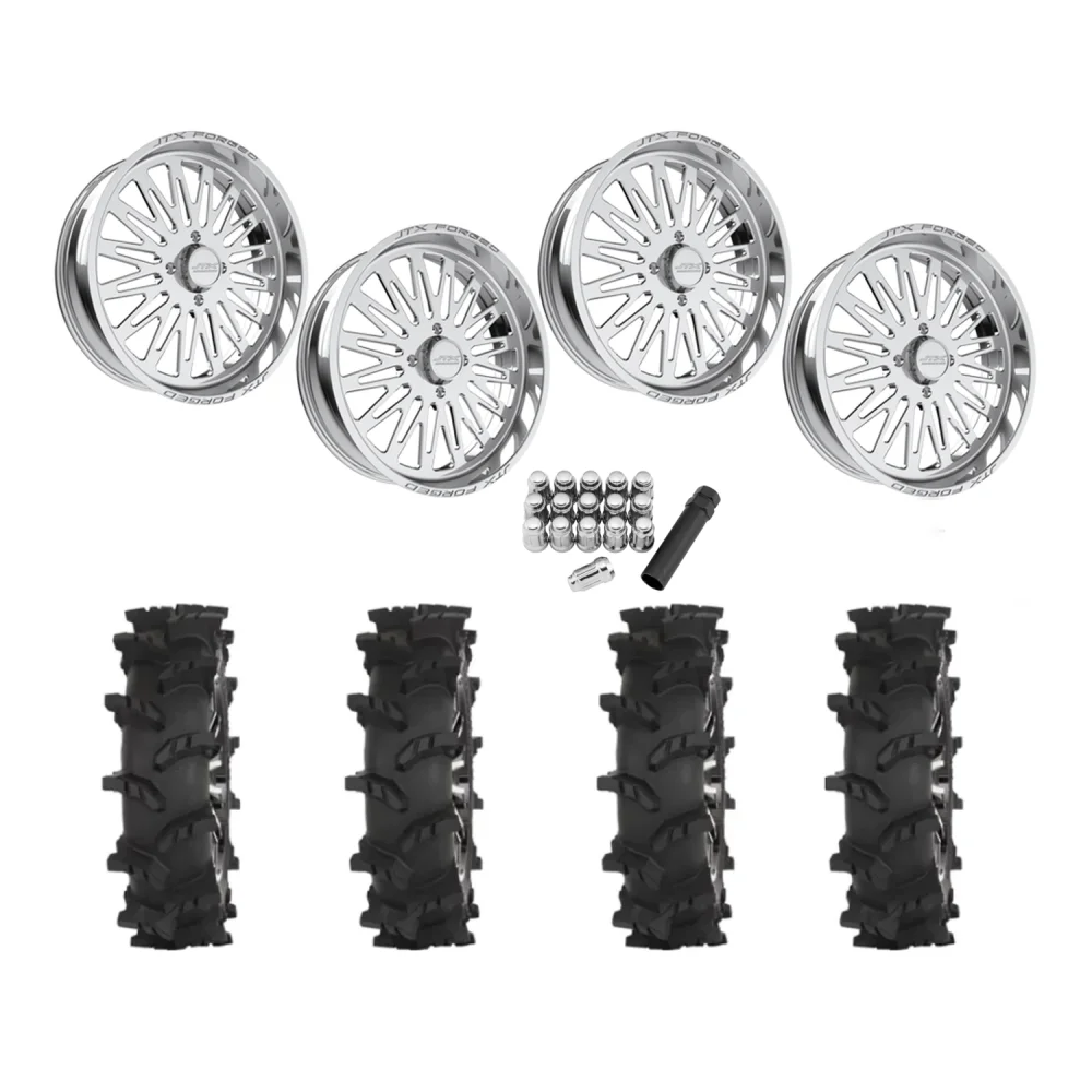High Lifter Outlaw Max 35x10-22 Tires on JTX Forged Schizo Polished Wheels, complete kit