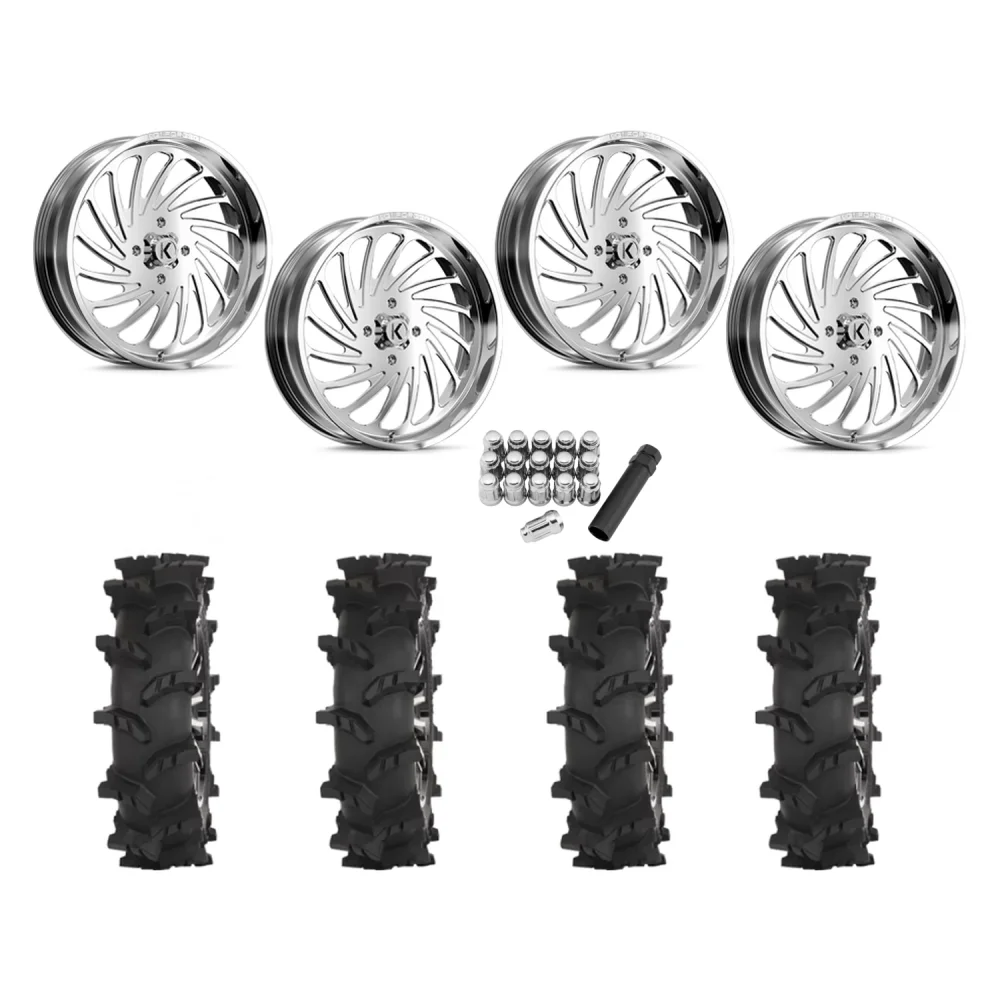 High Lifter Outlaw Max 44x10-24 Tires on KG1 Forged KU023 Bender Polished Wheels, complete kit