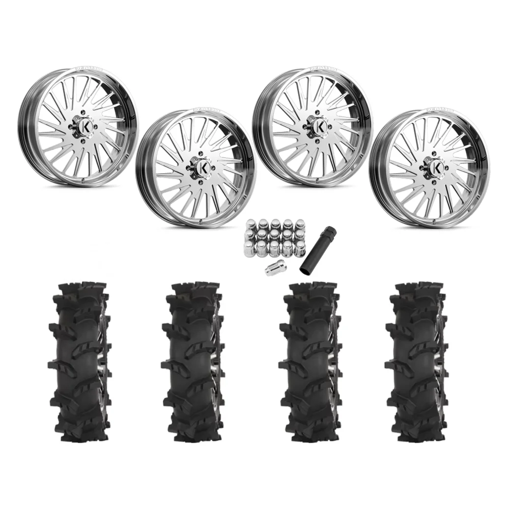 High Lifter Outlaw Max 35x10-22 Tires on KG1 Forged KU038 Javelin Polished Wheels, complete kit