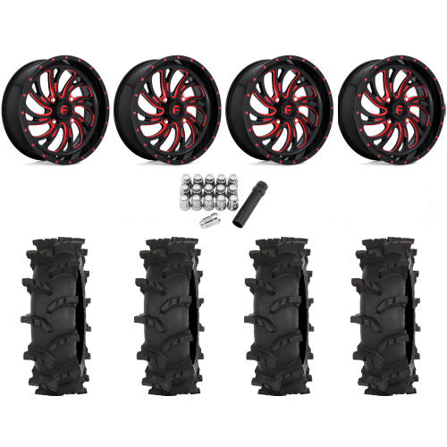 High Lifter Outlaw Max 33x10-18 Tires on Fuel Kompressor Gloss Black with Red Tint Wheels