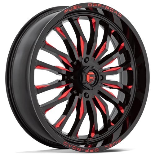 Terache Aztex XL 38x9-22 (8ply) Tires on Fuel Arc Gloss Black Milled Red Wheels