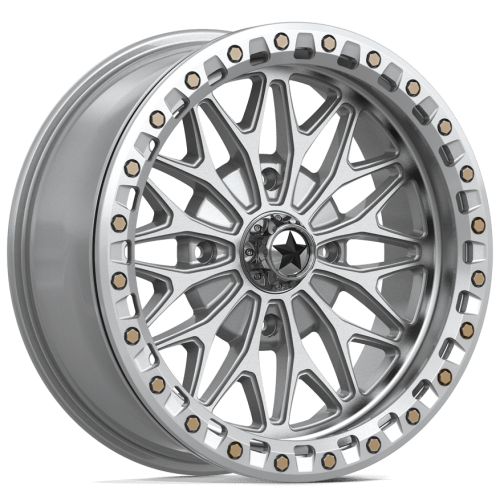 BKT AT 171 33x8-18 Tires on MSA M53 Bolo Gloss Silver Beadlock Wheels