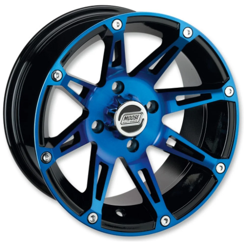 Assassinator Mud Tires 29.5x8-14 on Moose Offroad 387 X Anodized Blue Wheels