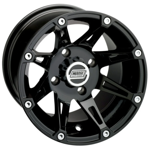 Assassinator Mud Tires 28x8-14 on Moose Offroad 387 X Gloss Black Wheels