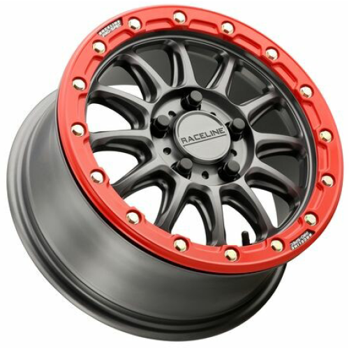 Raceline A14 Alpha Gunmetal with Red Ring 15x7 Beadlock Wheels/Rims (Full Set)