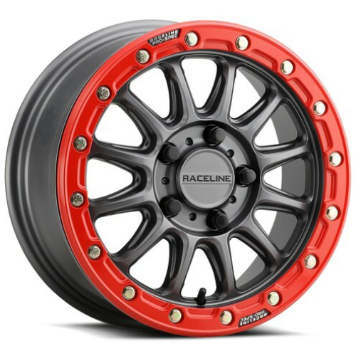 Raceline A14 Alpha Gunmetal with Red Ring 15x7 Beadlock Wheels/Rims (Full Set)