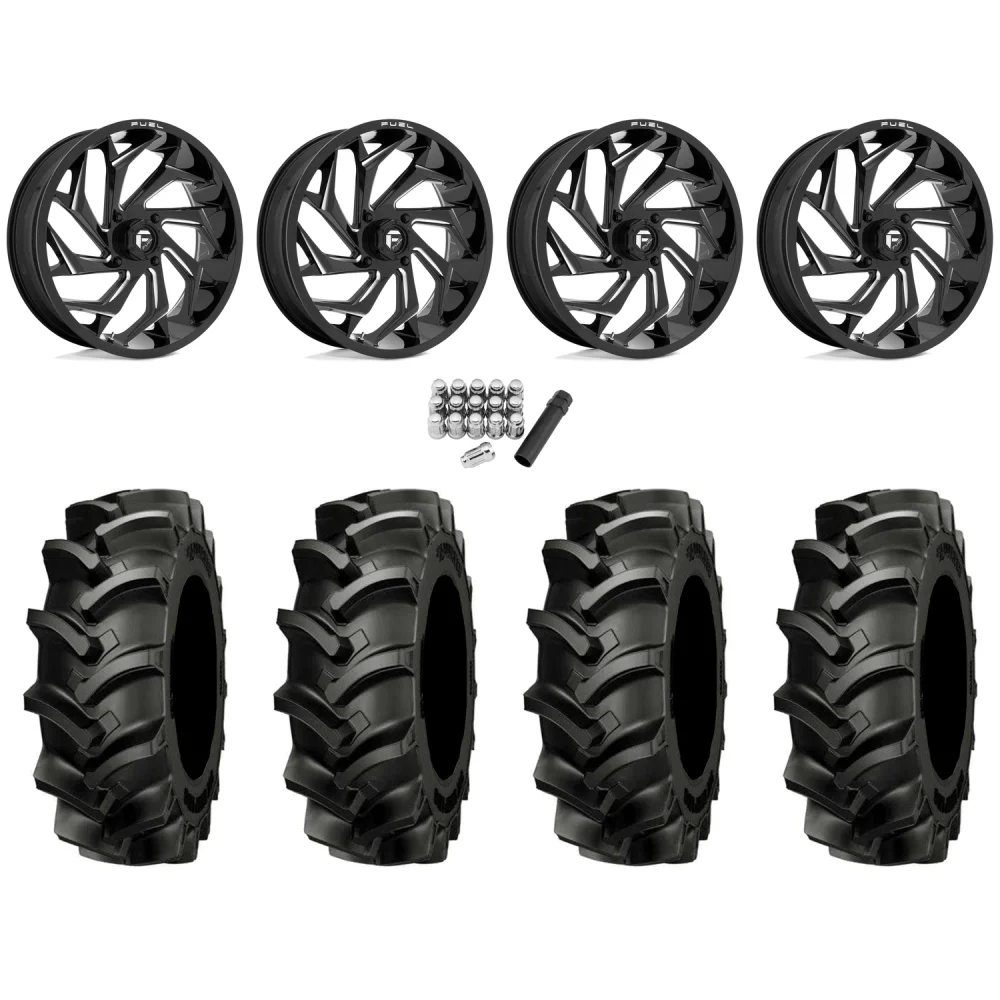 Alliance 337 Deep Lug 47.6x13.6-24 (8-ply) Tires on Fuel Reaction Gloss Black Milled Wheels, complete kit