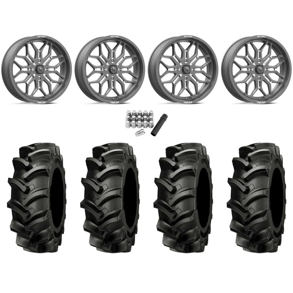 Alliance 337 Deep Lug 47.6x13.6-24 (8-ply) Tires on MSA M47 Sniper Gunmetal Milled Wheels, complete kit