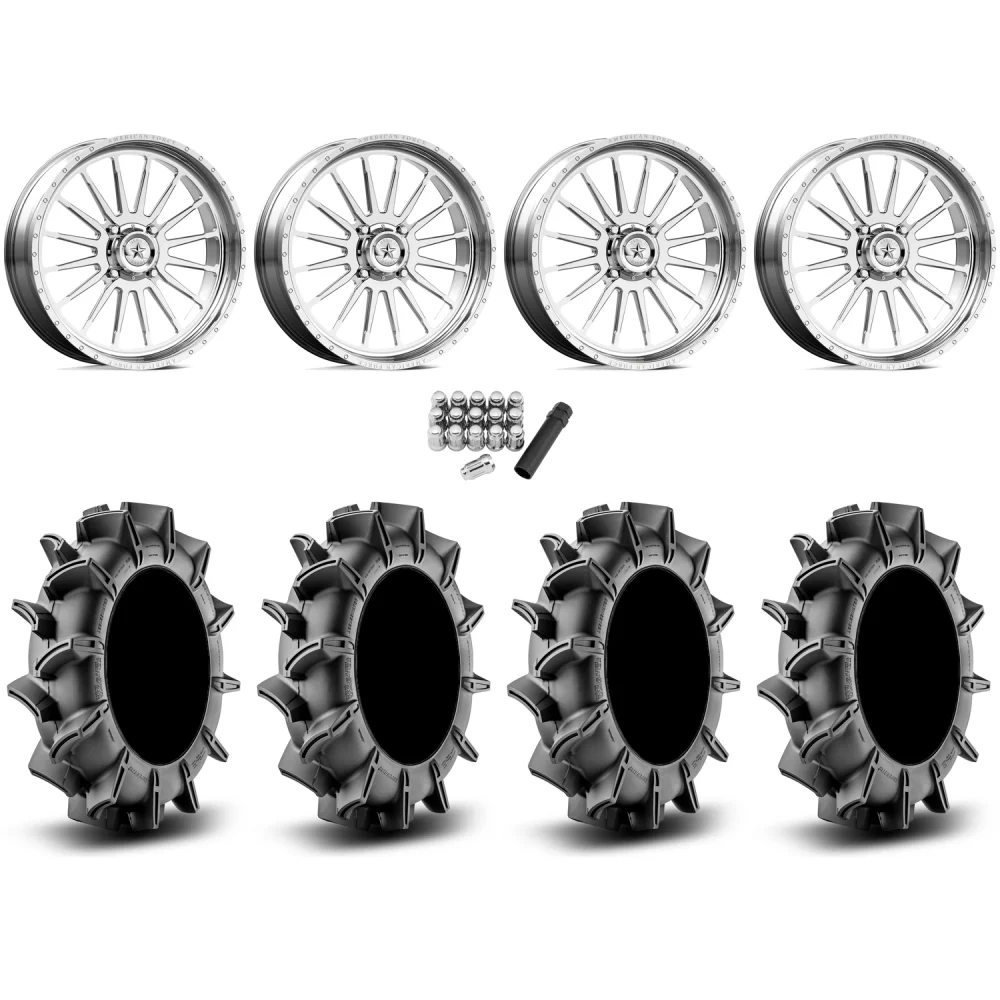 Assassinator Mud Tires 36x8-20 on American Force K03 Alpine Polished Forged Wheels, complete kit