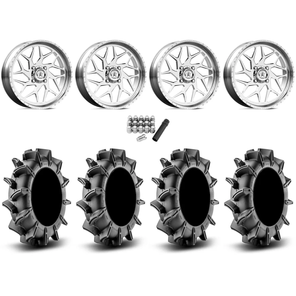 Assassinator Mud Tires 36x8-20 on American Force K05 Coyote Polished Forged Wheels, complete kit