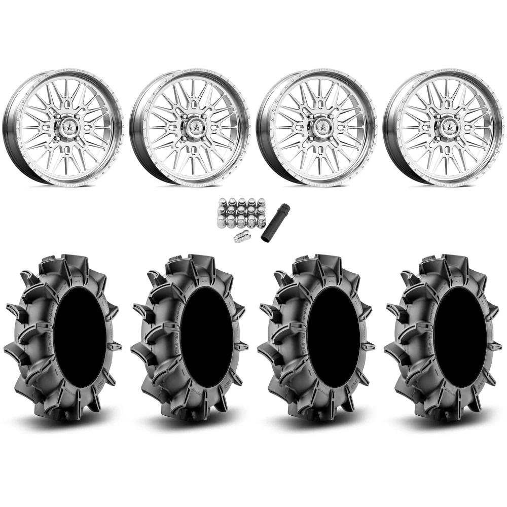 Assassinator Mud Tires 36x8-20 on American Force K06 Nomad Polished Forged Wheels, complete kit