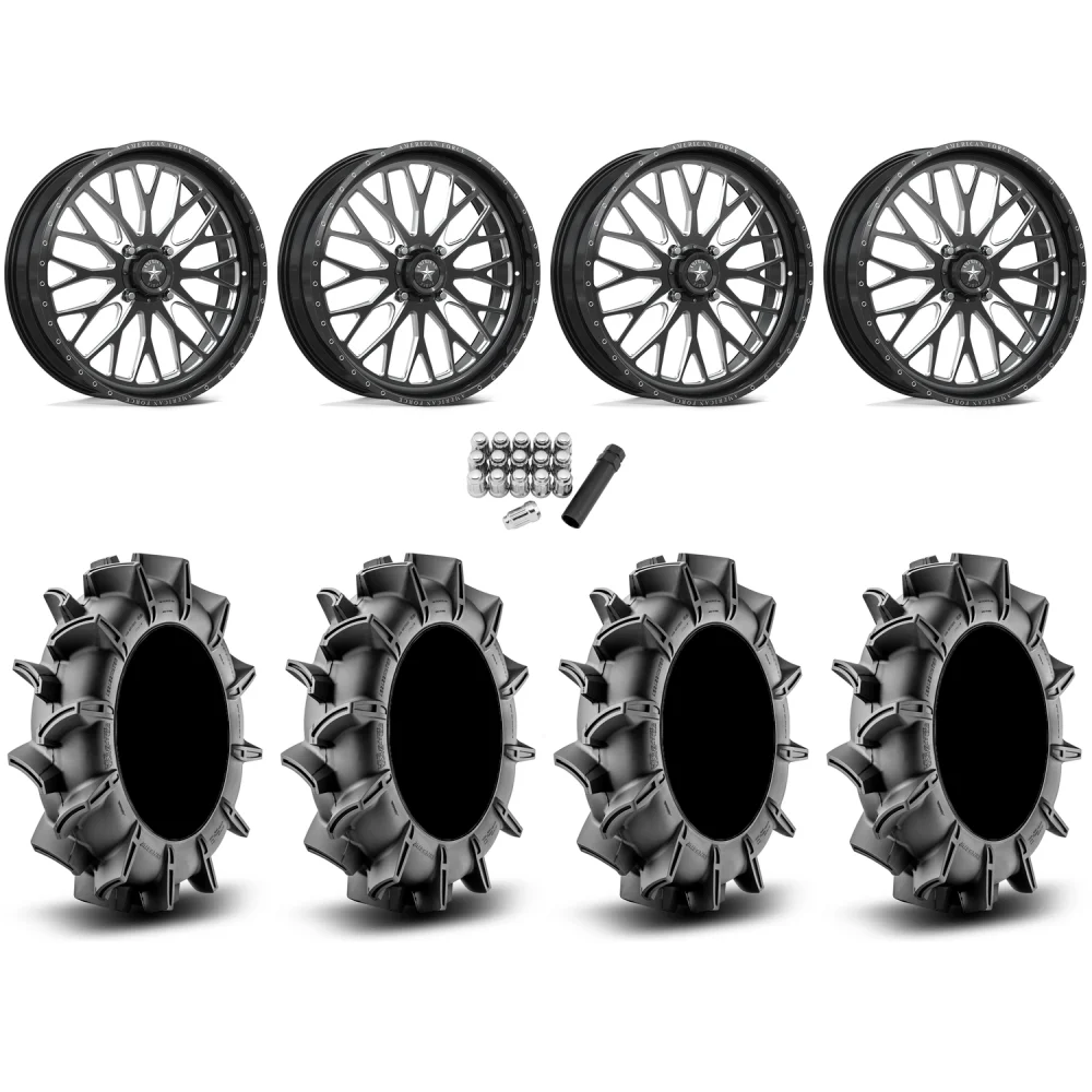 Assassinator Mud Tires 36x8-20 on American Force K13 Invader Black Forged Wheels, complete kit