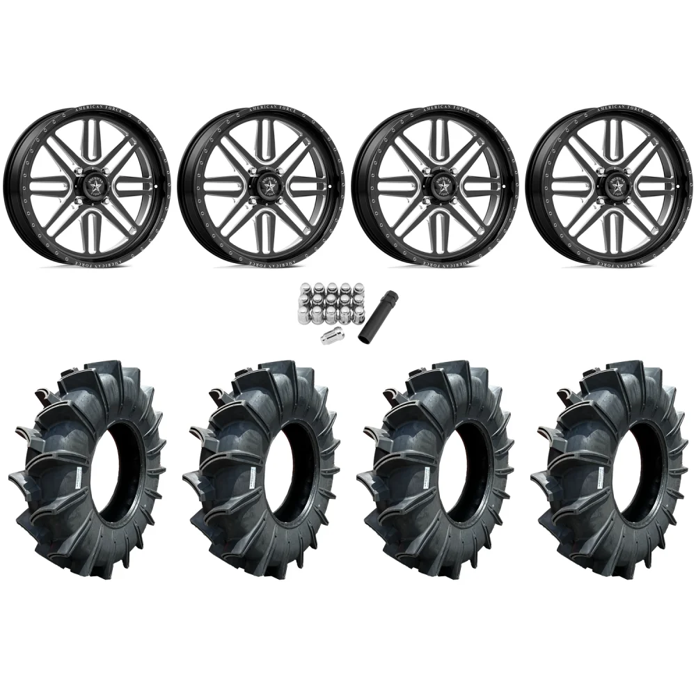 Assassinator Mud Tires 40x10-24 on American Force K01 Summit Black Forged Wheels, complete kit