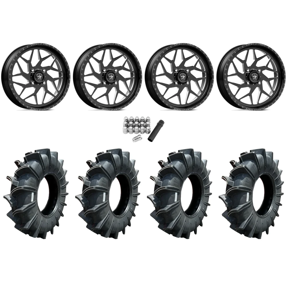 Assassinator Mud Tires 44x12-24 on American Force K05 Coyote Black Forged Wheels, complete kit
