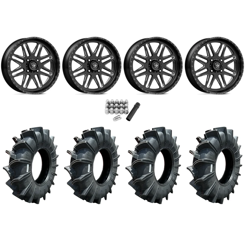Assassinator Mud Tires 44x12-24 on American Force K07 Energy Black Forged Wheels, complete kit