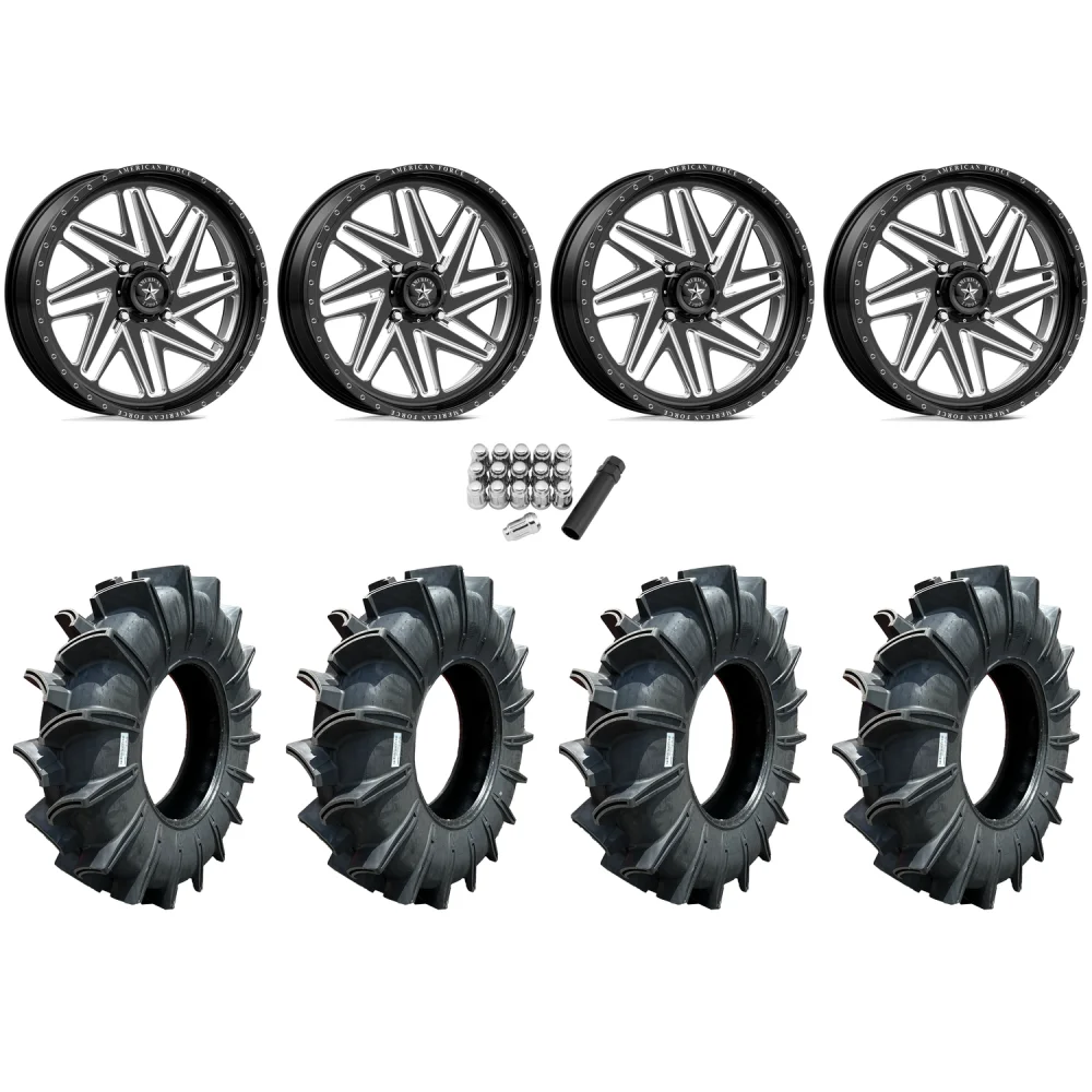 Assassinator Mud Tires 44x12-24 on American Force K08 Carver Black Forged Wheels, complete kit