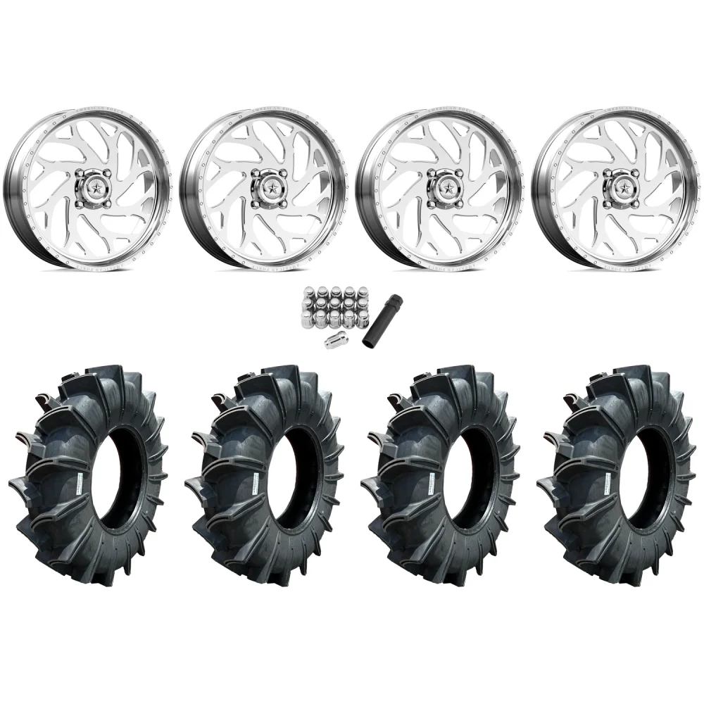 Assassinator Mud Tires 44x12-24 on American Force K09 UFO Polished Forged Wheels, complete kit