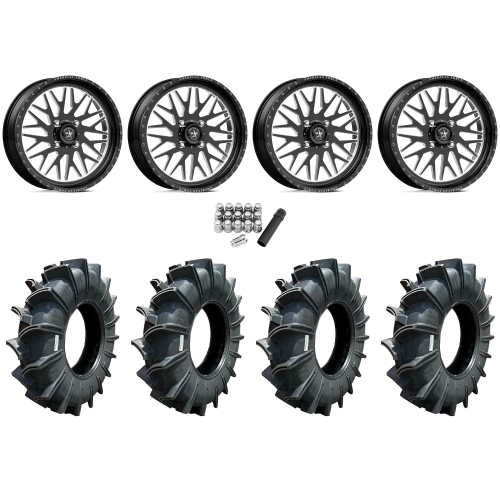 Assassinator Mud Tires 40x10-24 on American Force K10 Trace Black Forged Wheels, complete kit
