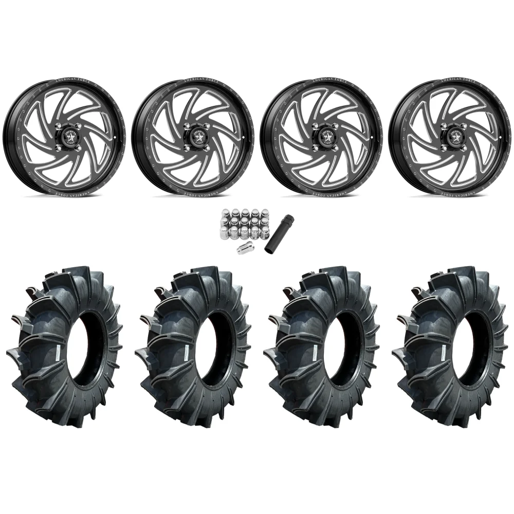 Assassinator Mud Tires 40x10-24 on American Force K11 Seven Black Forged Wheels, complete kit