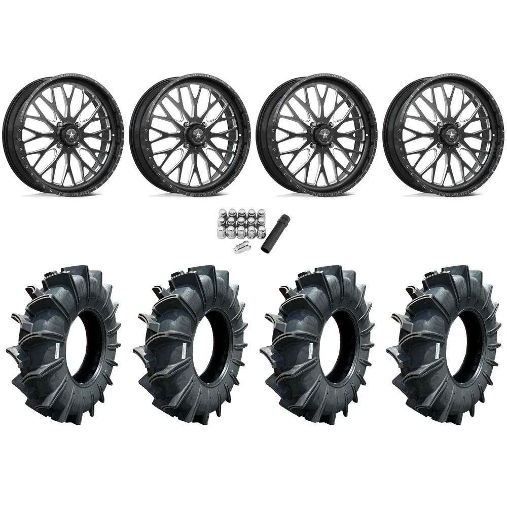 Assassinator Mud Tires 40x10-24 on American Force K13 Invader Black Forged Wheels, complete kit