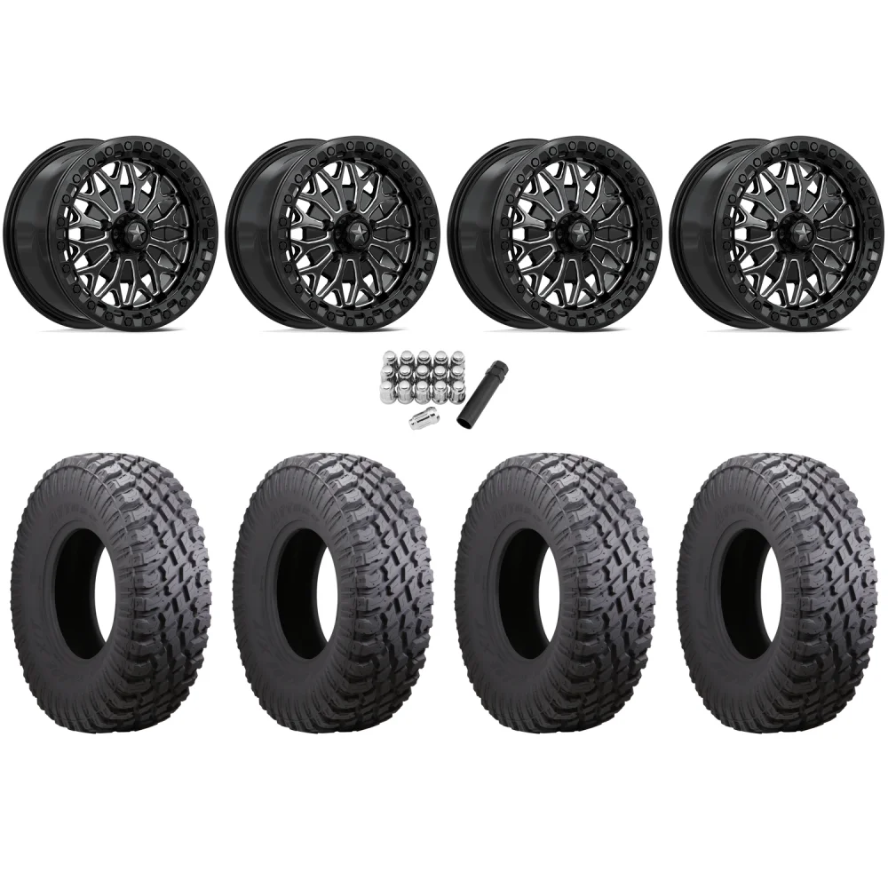 Atturo Trail Blade X/T 32x10-15 (8ply) Radial Tires on MSA M53 Bolo Gloss Black Milled Beadlock Wheels, complete kit