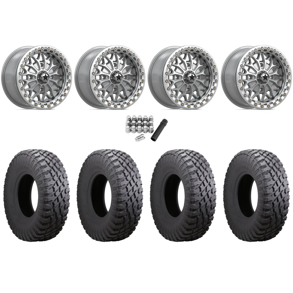 Atturo Trail Blade X/T 35x10-15 (8ply) Radial Tires on MSA M53 Bolo Gloss Silver Beadlock Wheels, complete kit