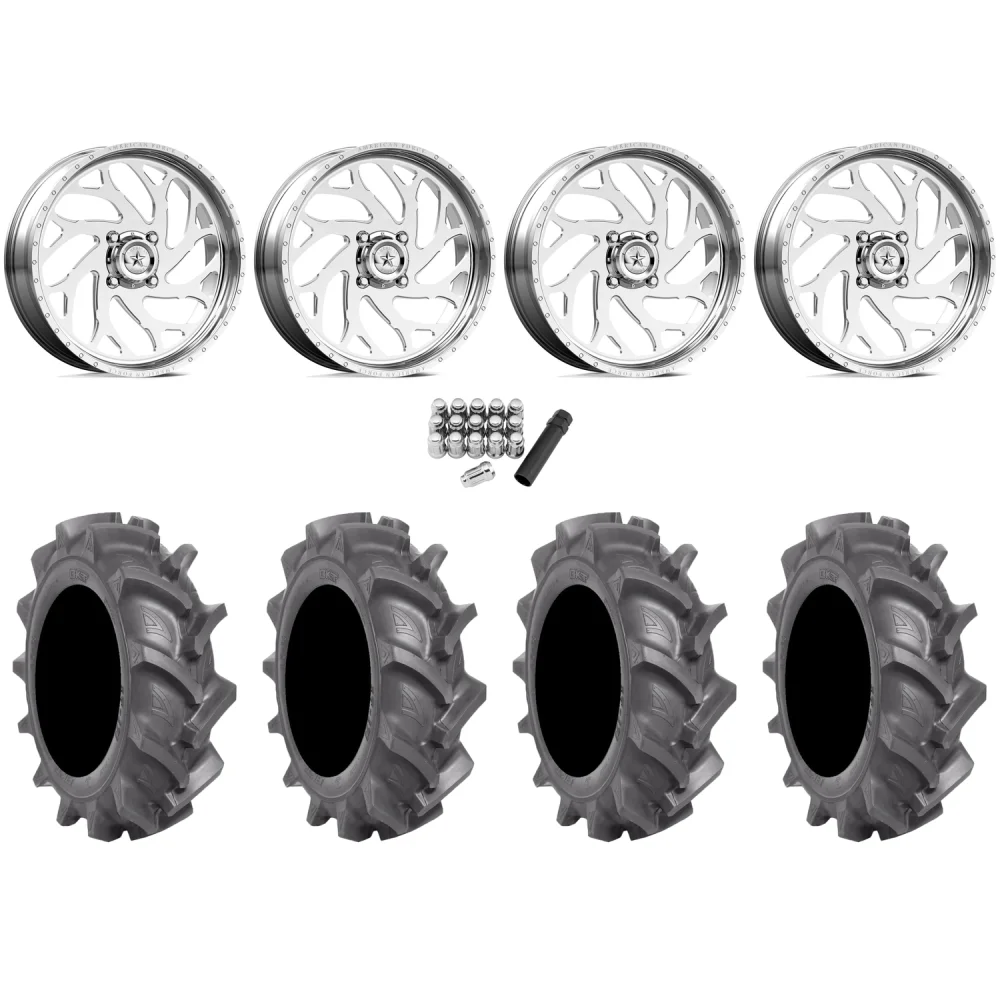 BKT AT 171 33x9-20 Tires on American Force K09 UFO Polished Forged Wheels, complete kit