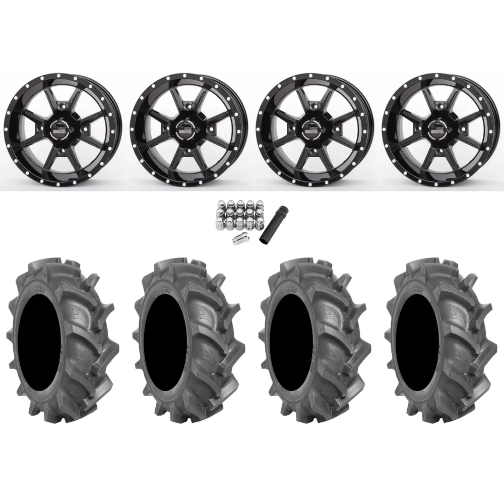 BKT AT 171 30x9-14 Tires on Frontline 556 Black Wheels, complete kit
