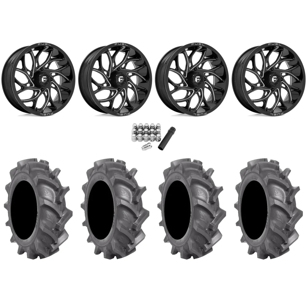BKT AT 171 33x8-18 Tires on Fuel Runner Gloss Black Milled Wheels, complete kit