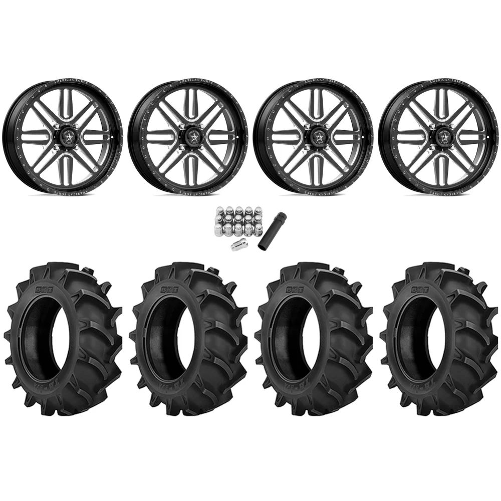 BKT TR 171 35x8.3-20 Tires on American Force K01 Summit Black Forged Wheels, complete kit