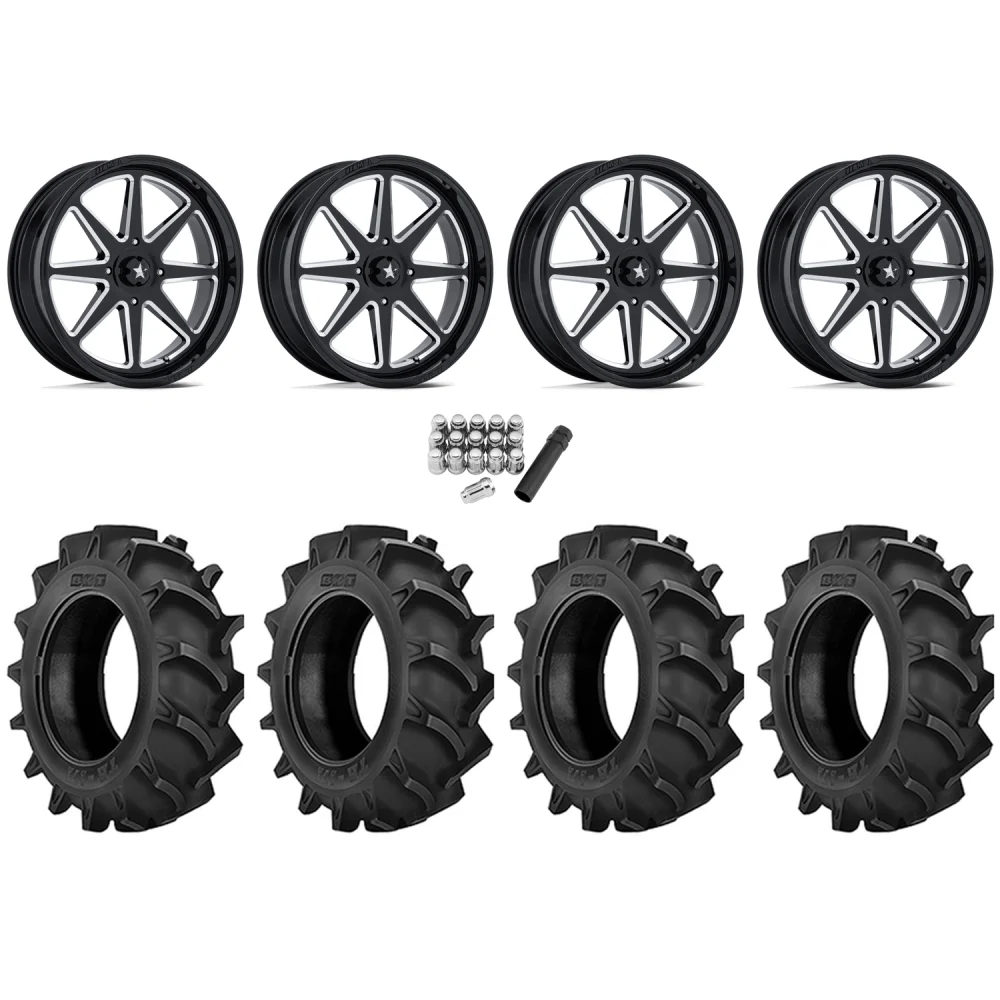 BKT TR 171 40x8.3-24 Tires on MSA M54 Spark Gloss Black Milled Wheels, complete kit