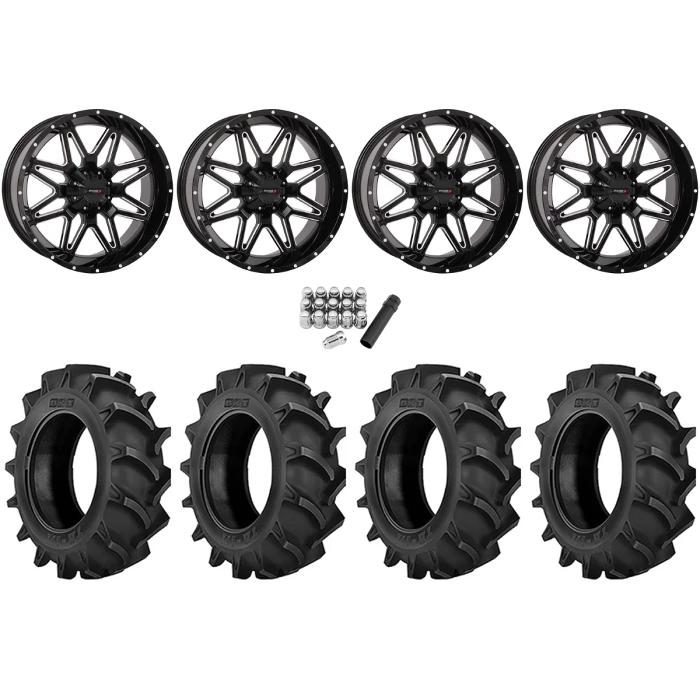 BKT TR 171 40x11.2-20 Tires on System 3 Offroad ST-7 Gloss Black Milled (20x9) Wheels, complete kit