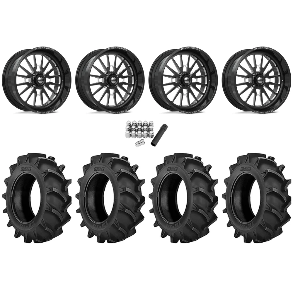 BKT TR 171 47.6x13.6-24 Tires on MSA Breakout Gloss Black Milled (24x10) Forged Wheels, complete kit