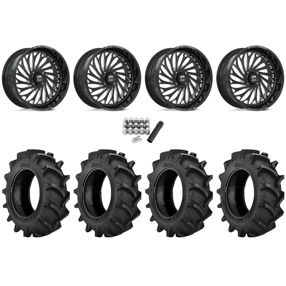 BKT TR 171 46x12.4-24 Tires on MSA Coil Gloss Black Milled (24x10) Forged Wheels, complete kit
