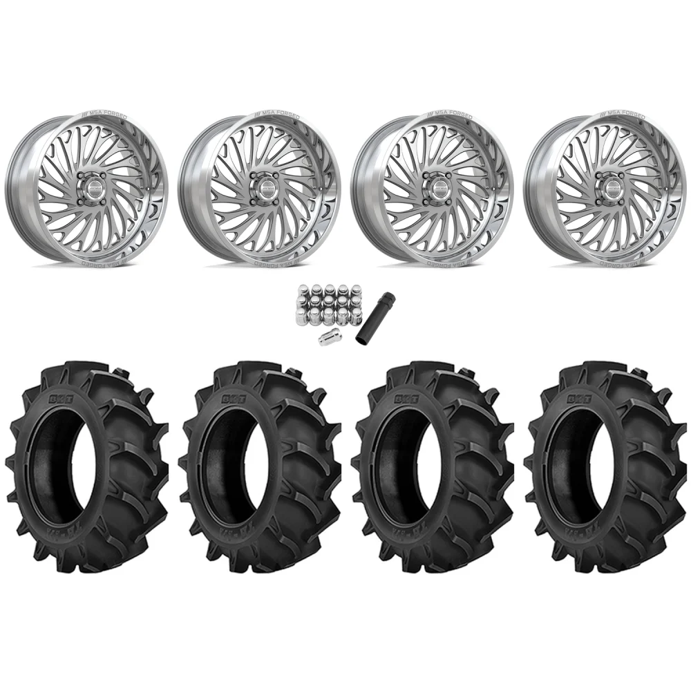BKT TR 171 47.6x13.6-24 Tires on MSA Coil Polished (24x10) Forged Wheels, complete kit