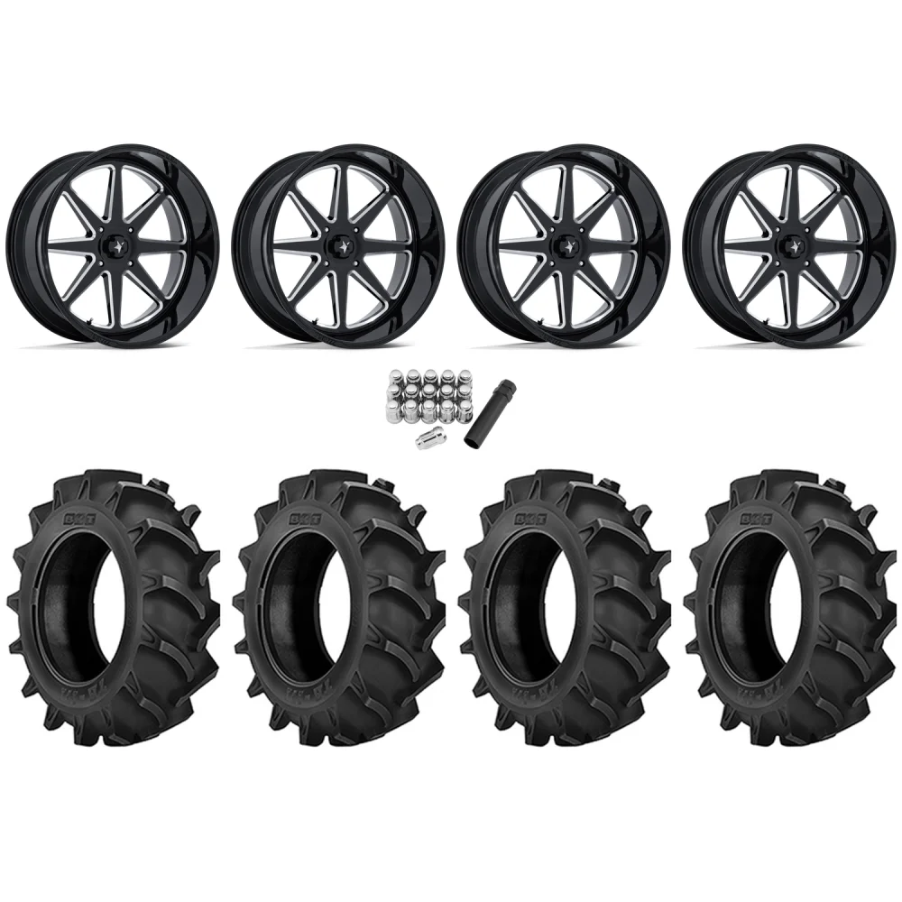 BKT TR 171 47.6x13.6-24 Tires on MSA M54 Spark Gloss Black Milled (24x10) Wheels, complete kit
