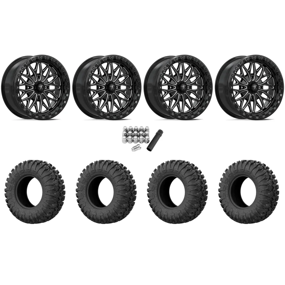 EFX Motoclaw 33x10-18 Tires on MSA M53 Gloss Black Milled Beadlock Wheels, complete kit