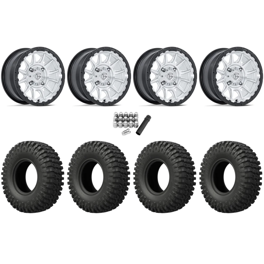 EFX MotoCrusher 35x10-15 Tires on Fuel Piston Hyper Silver Machined Wheels, complete kit