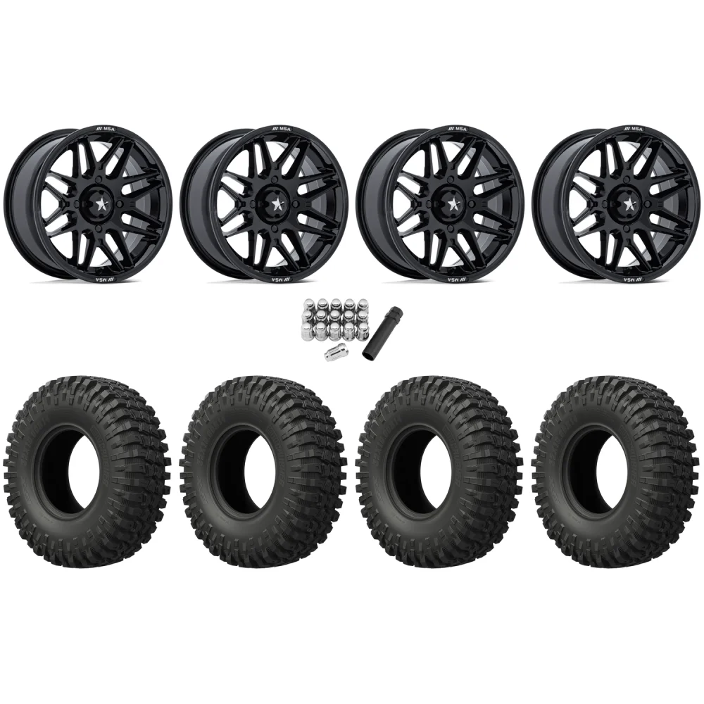 EFX MotoCrusher 35x10-15 Tires on MSA M52 Radar Gloss Black Wheels, complete kit