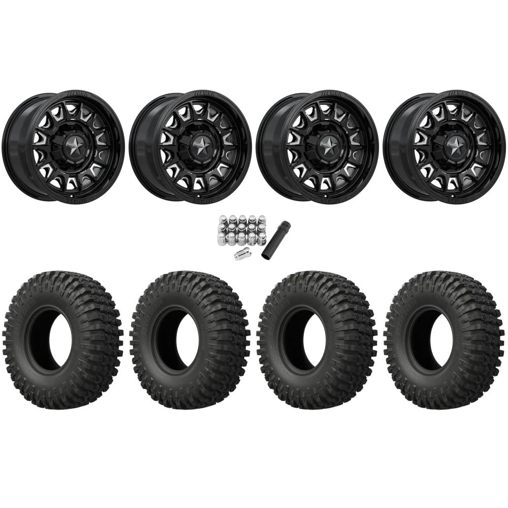EFX MotoCrusher 32x10-15 Tires on MSA M55 Commander Gloss Black Milled Wheels, complete kit