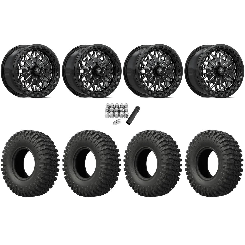 EFX MotoCrusher 35x10-15 Tires on MSA M53 Bolo Gloss Black Milled Beadlock Wheels, complete kit