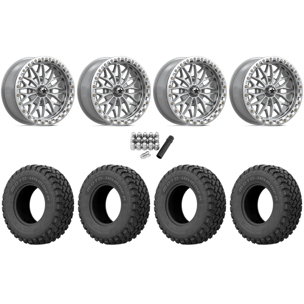 EFX MotoHammer 33x10-18 Tires on MSA M53 Gloss Silver Beadlock Wheels, complete kit