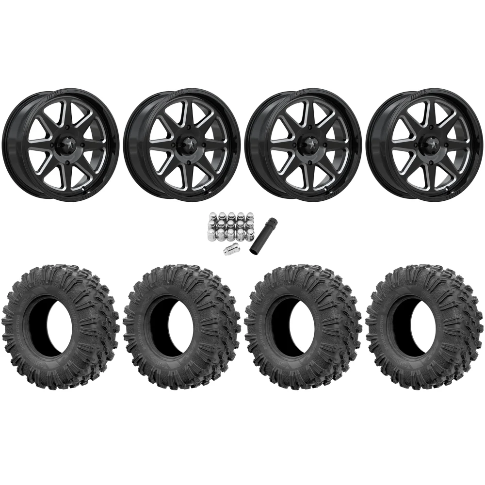 EFX Motoravage 32x10-18 Tires on MSA M54 Spark Gloss Black Milled Wheels, complete kit