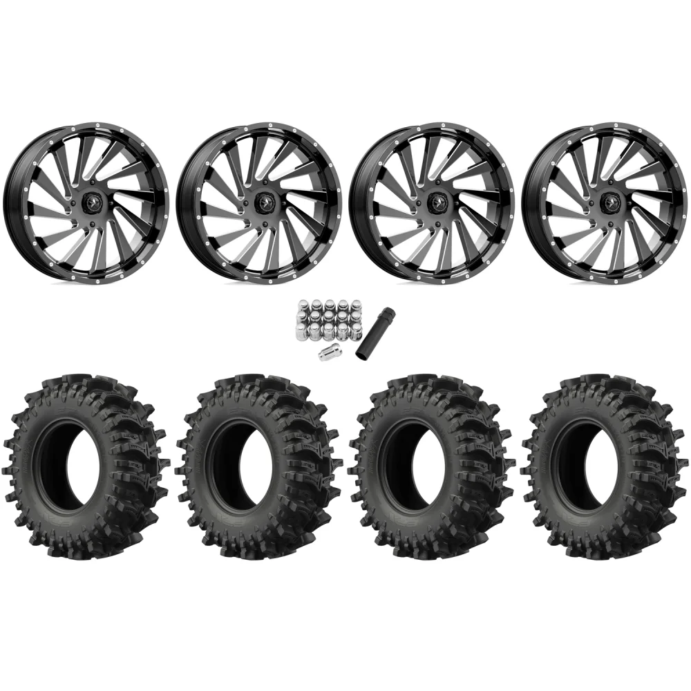 EFX MotoSlayer 45x10.5-24 Tires on MSA M46 Blade Gloss Black Milled Wheels, complete kit